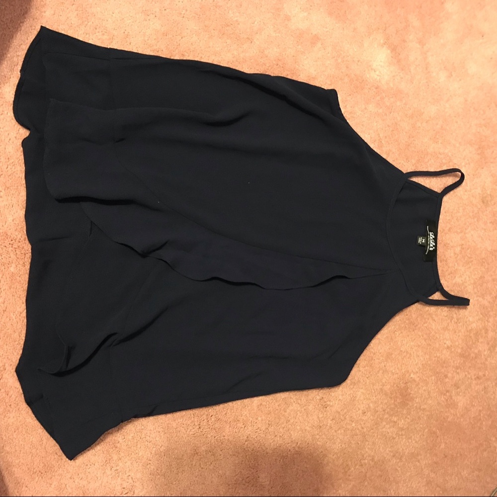 High neck navy ruffle top